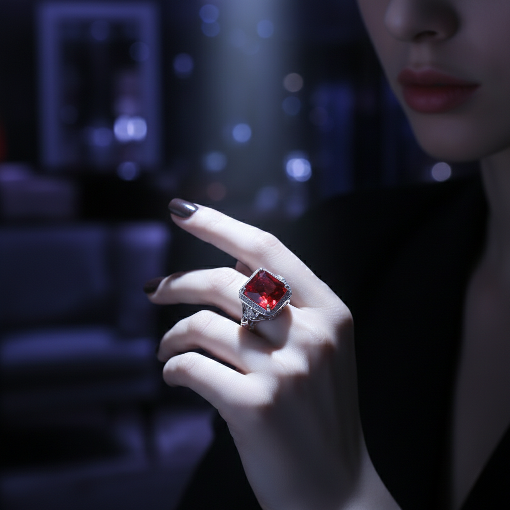 Vintage Crimson Statement Piece - Intricate Geometric Art Deco Ring