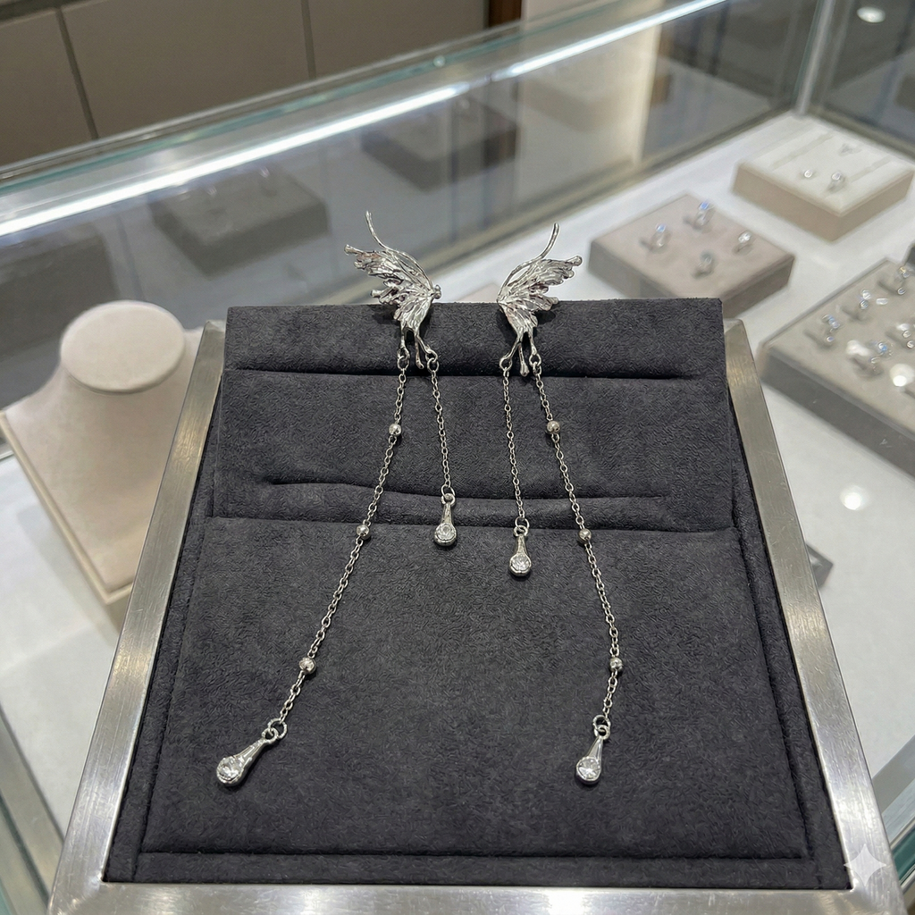 Artisanal Micro-Carved Butterfly Tassel Studs with Prism-Cut Crystal Drops