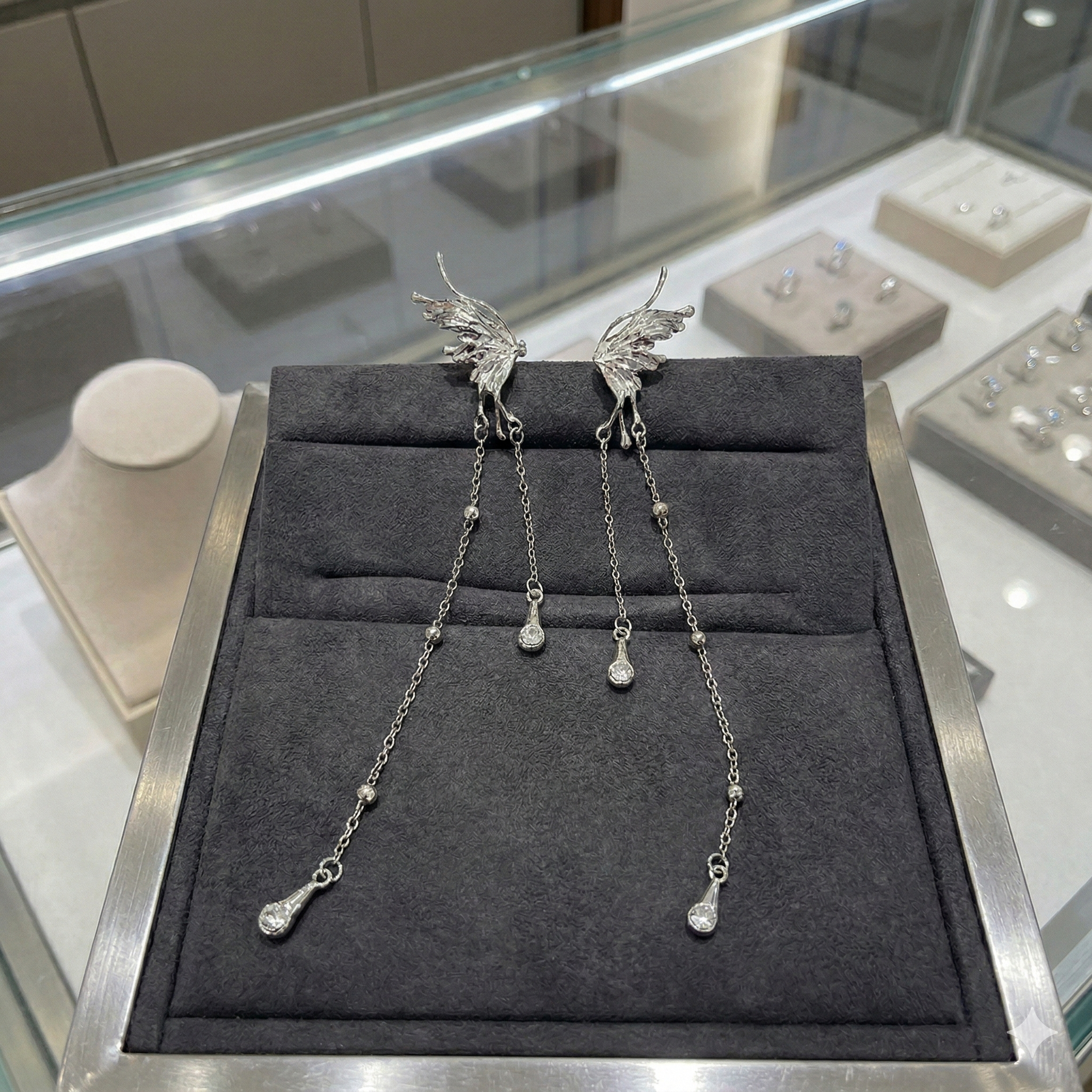 Artisanal Micro-Carved Butterfly Tassel Studs with Prism-Cut Crystal Drops