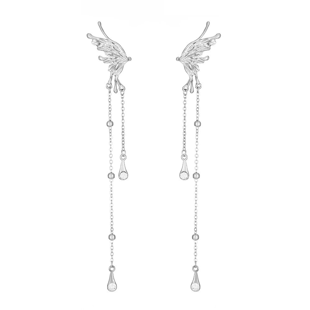 Artisanal Micro-Carved Butterfly Tassel Studs with Prism-Cut Crystal Drops